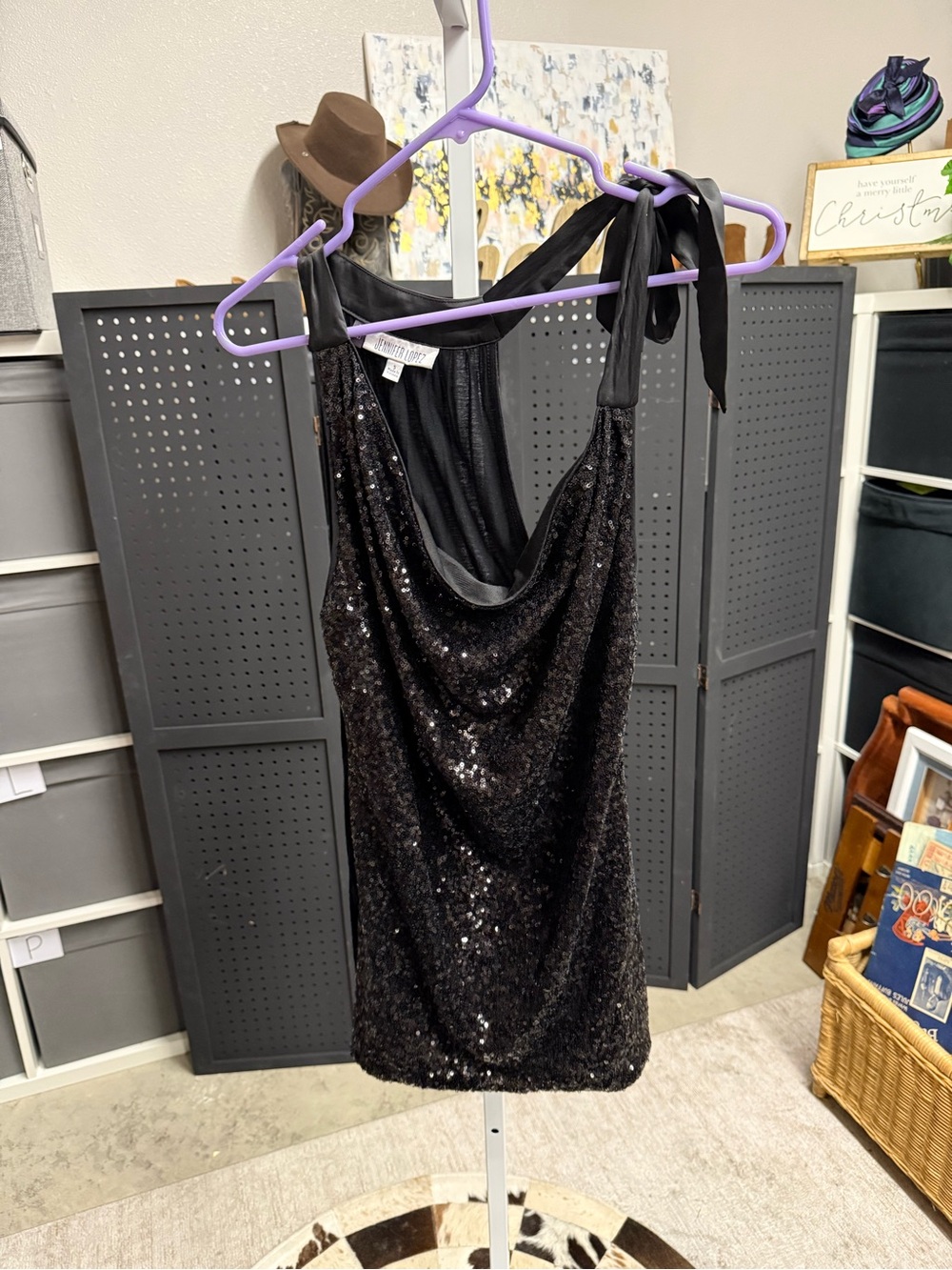 Vintage Y2K Jennifer Lopez Black Sequin Cowl Neck Mini Dress Going Out Top